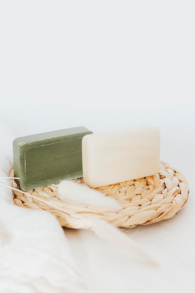Natural handmade soap bars with grass flowers in spa composition