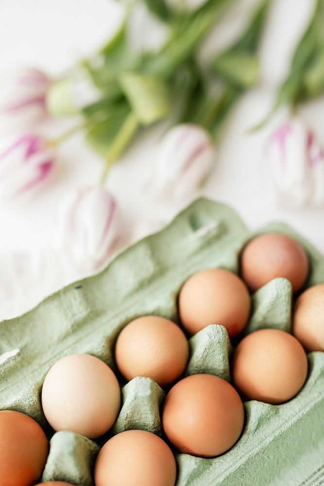 Easter eggs in a green carton and tulips flatlay