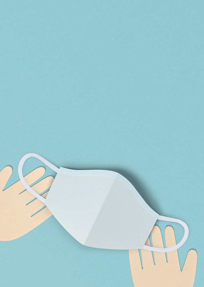 Hands with a face mask on a blue background social banner illustration