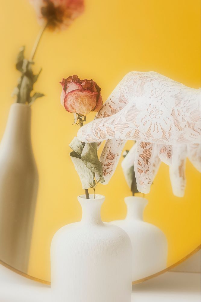 Woman in a lace glove getting a dried pink rose from the vase