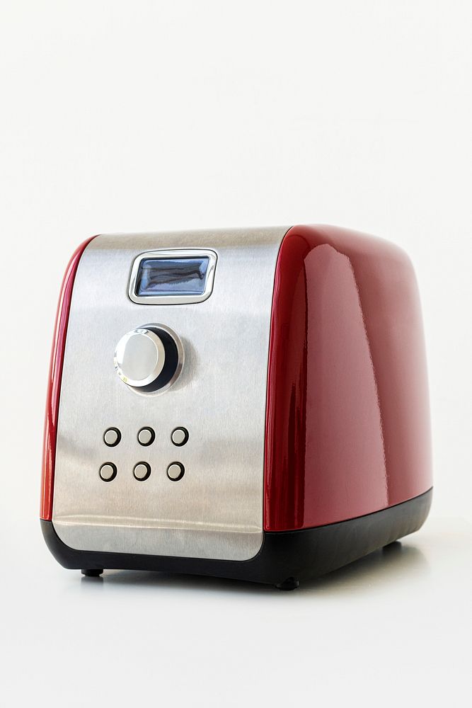 Modern red toaster on white background