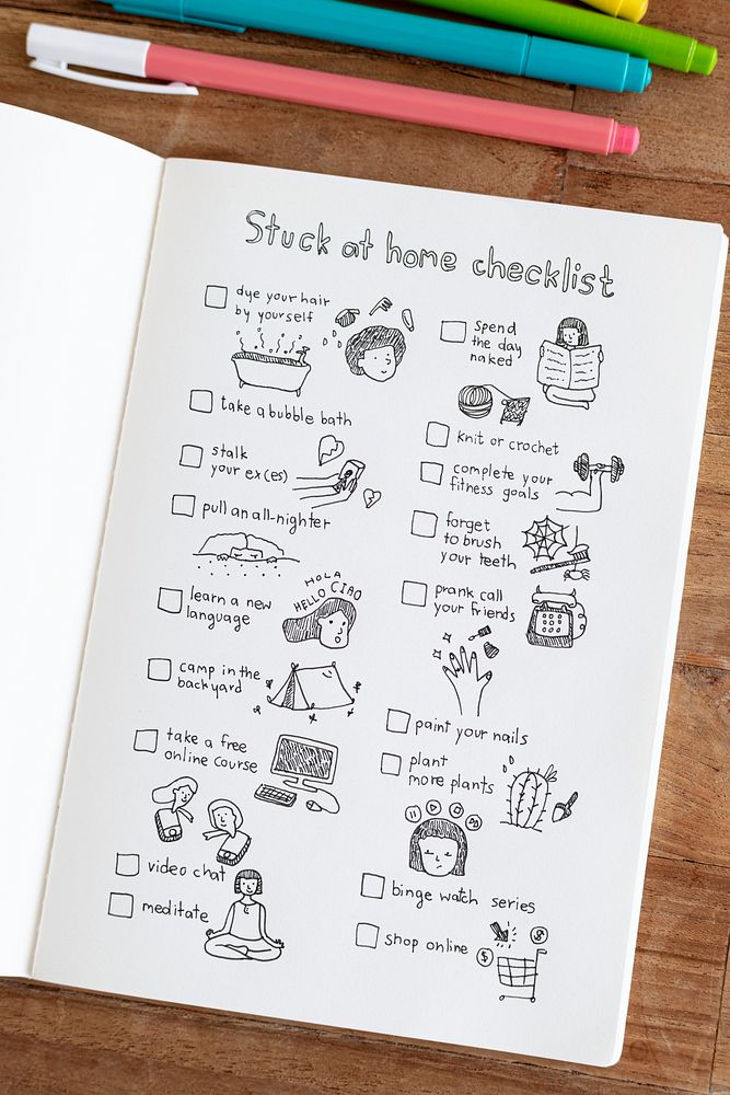 Social isolation doodle style checklist in a notebook