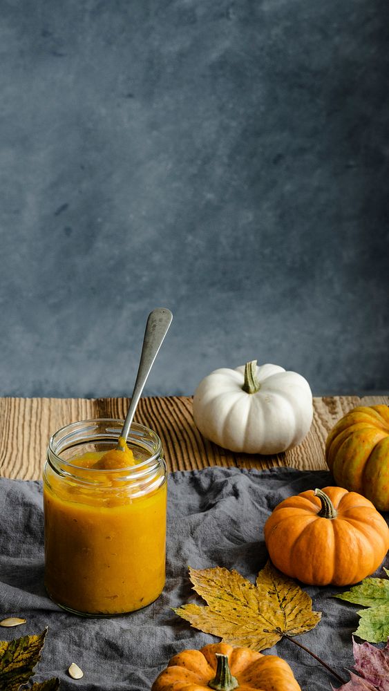 Pumpkin puree in glass jar dessert ingredient food photography