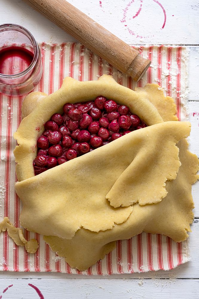 Homemade cherry pie unbaked thanksgiving dessert flat lay