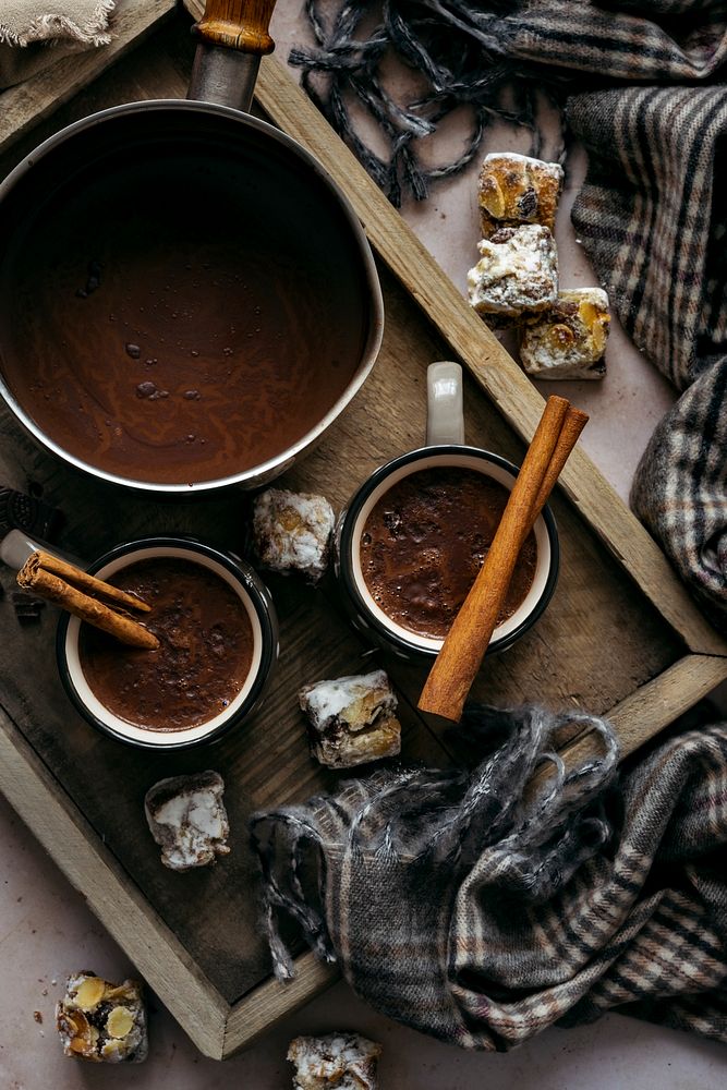 Hot chocolate with cinnamon in a mug flat lay holiday food photography