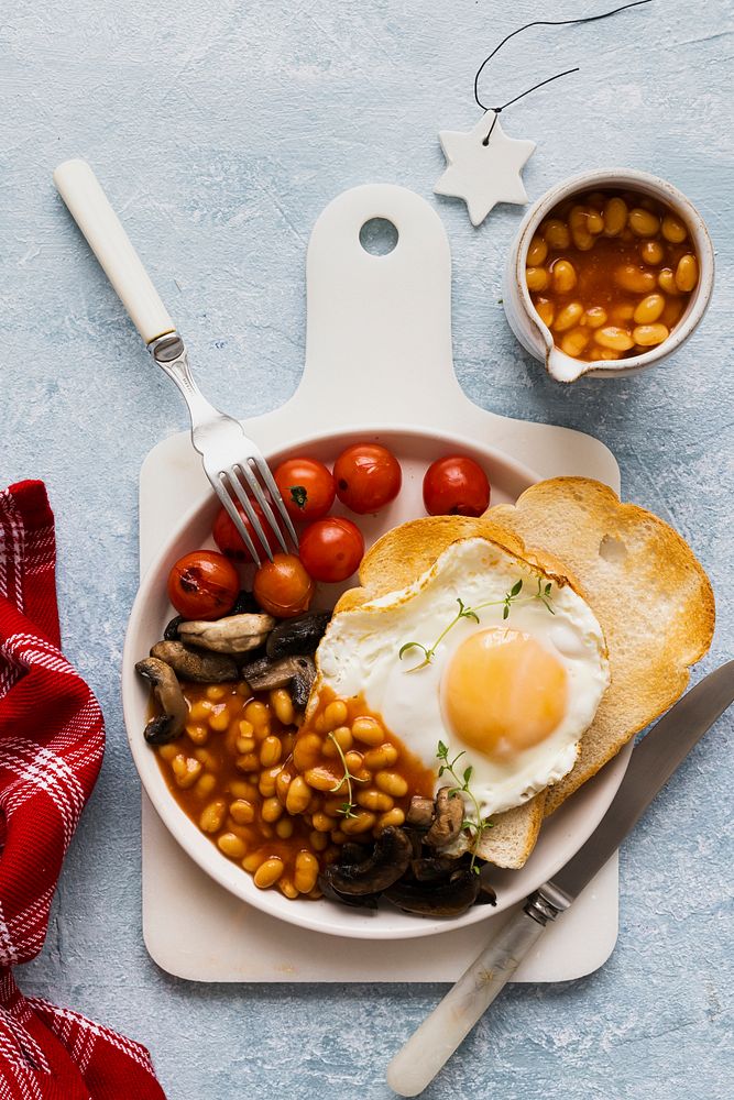 Holiday breakfast with beans toast and egg food photography