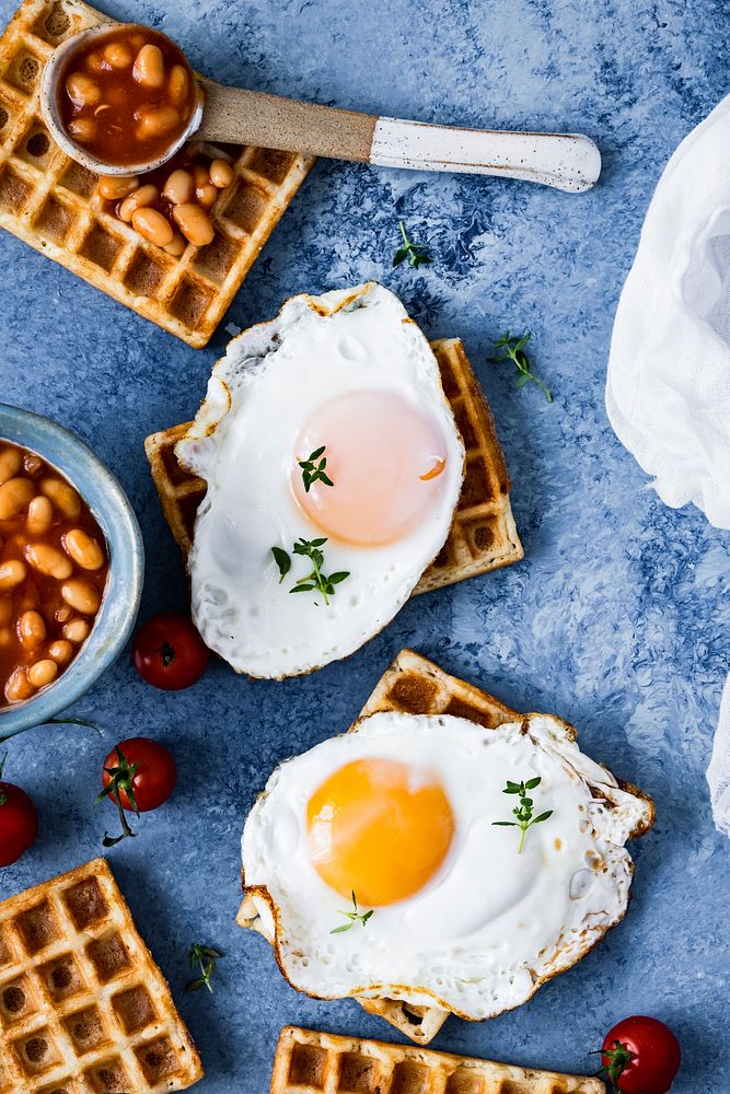 Holiday breakfast with egg on waffle food photography