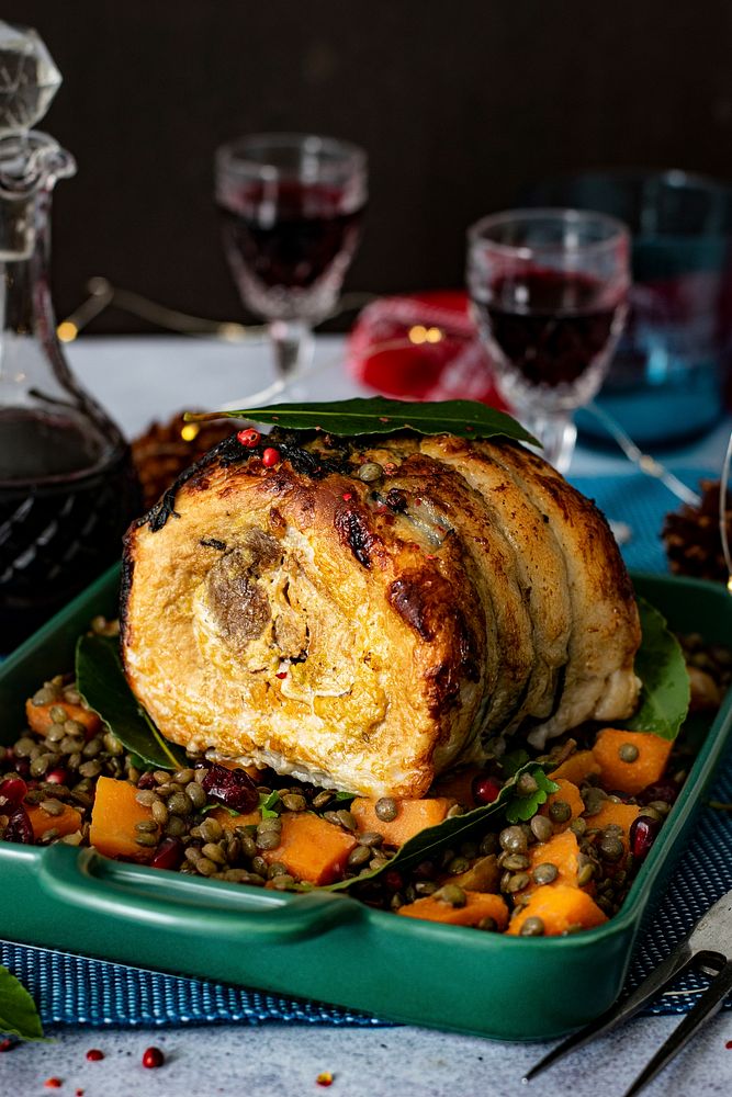 Christmas dinner with roasted ham and lentils food photography