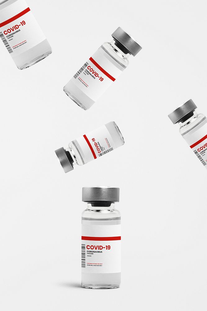 Falling injection bottle label mockups psd COVID-19 vaccine