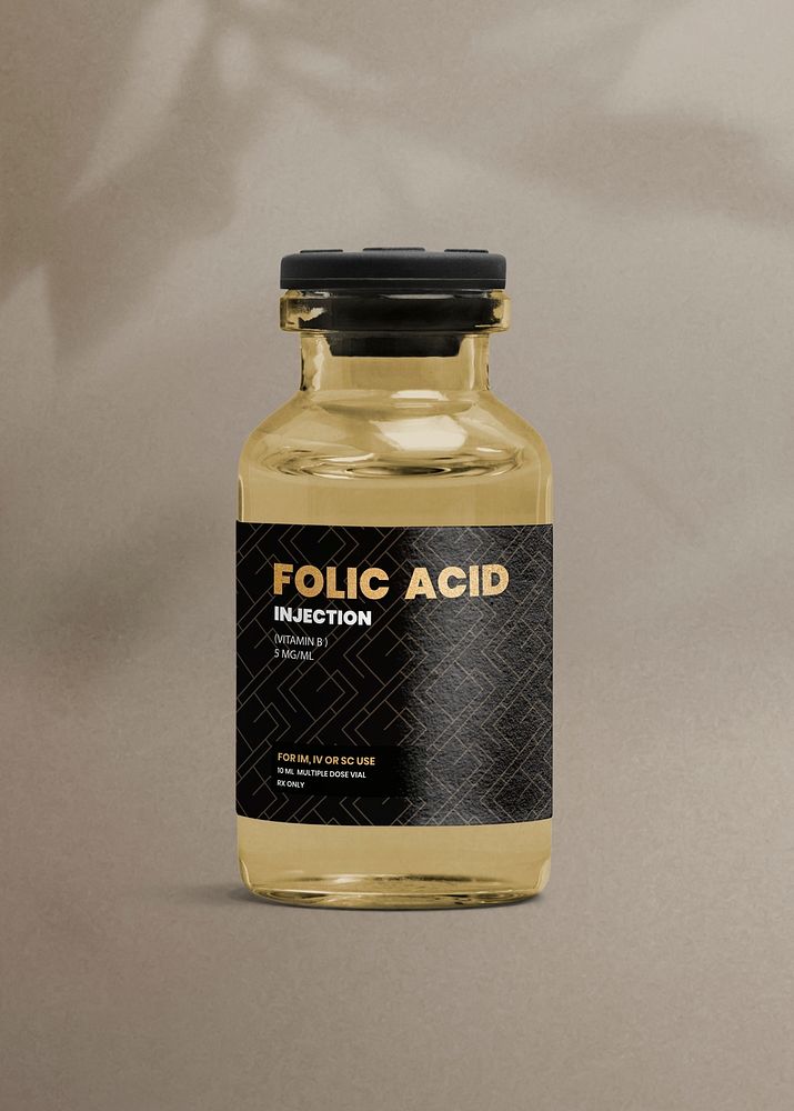 Amber injection vial label mockup for vitamin folic acid vitamin B psd