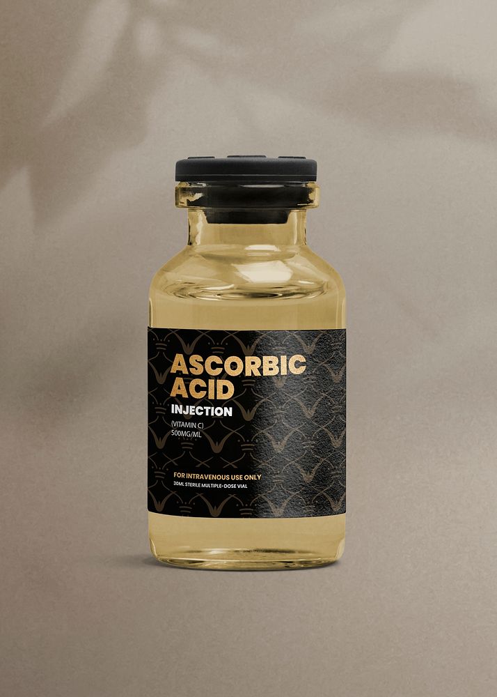 Amber ascorbic acid Vitamin C injection vial bottle label mockup for ascorbic acid psd