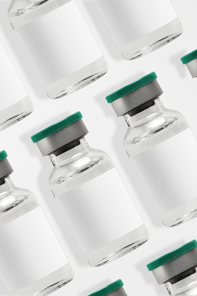Injection glass vial label mockups psd in rows