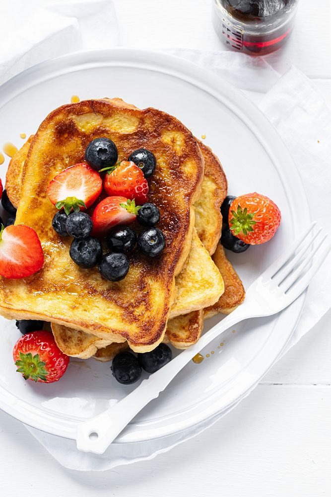 French toast mixed berries freshly made breakfast food photography flat lay