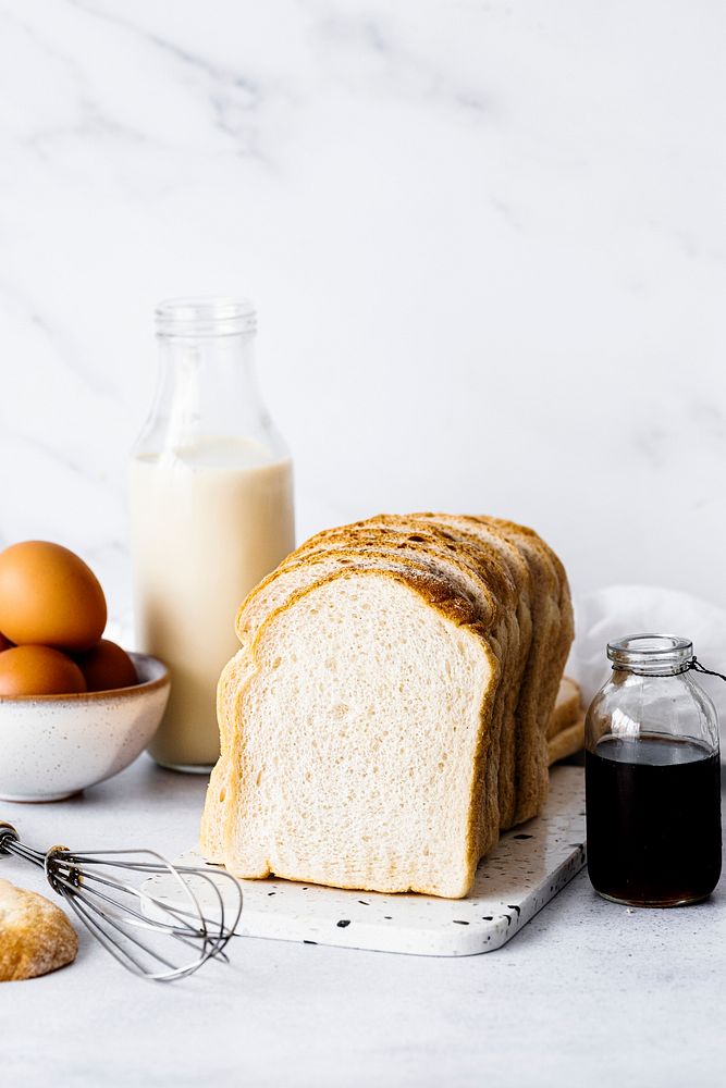 Stack of sliced bread, french toast ingredients food photography