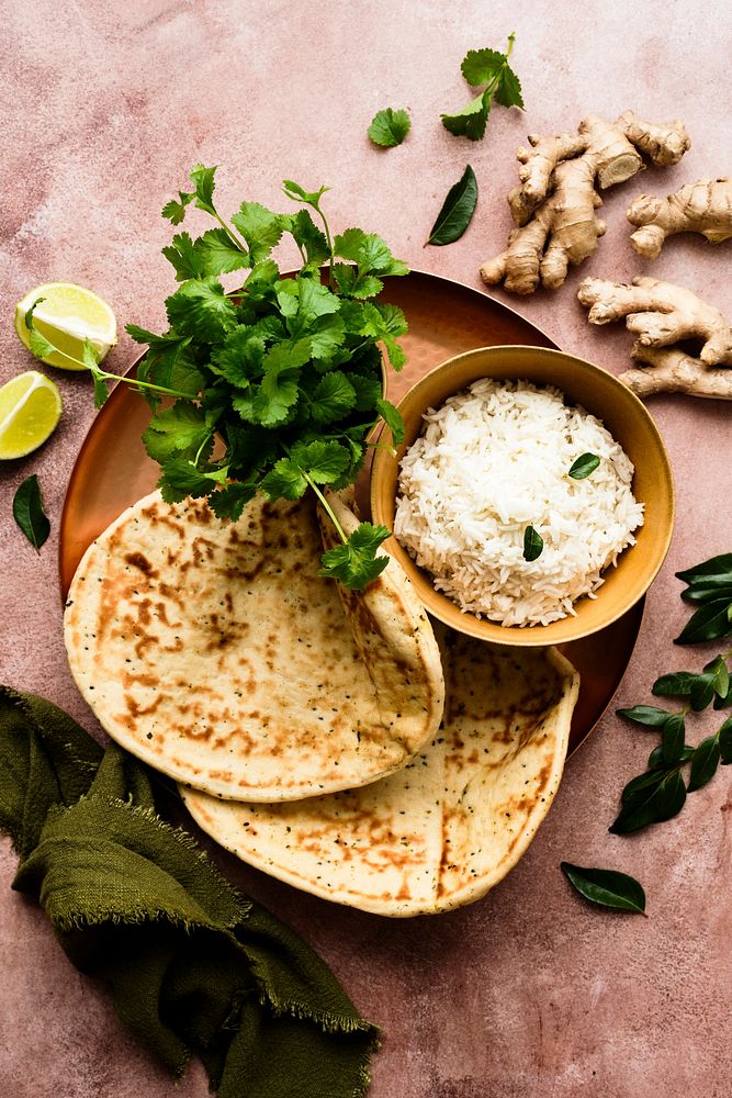 Homemade Indian flatbread and rice food photography recipe idea