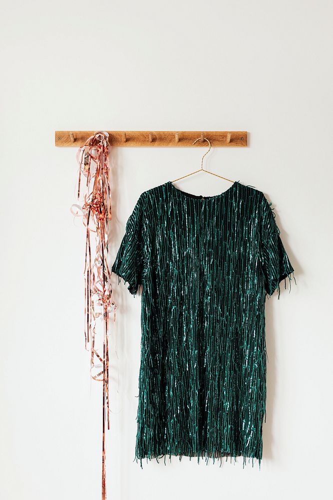 Sequin fringe dress on a wall hanger