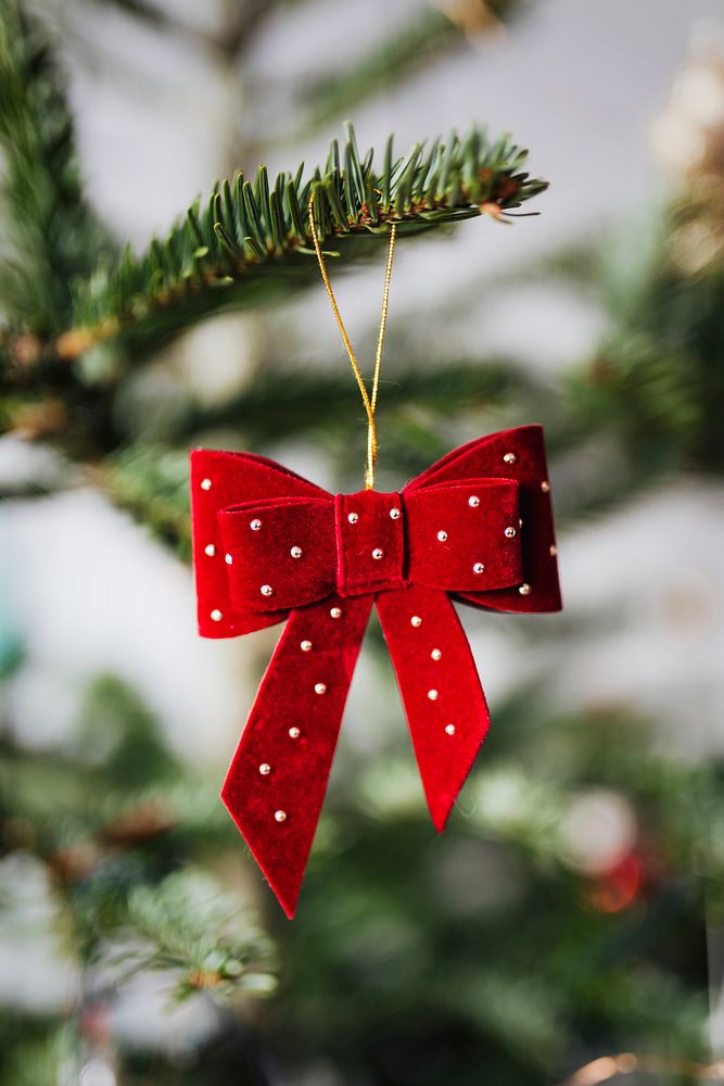 Red wool felt ribbon on a Christmas tree