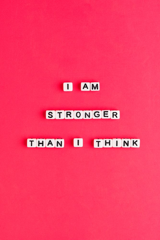Square I AM STRONGER THAN I THINK beads text typography on red