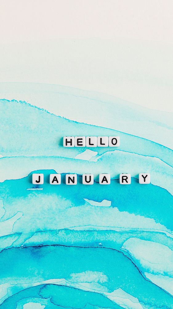 HELLO JANUARY beads text typography on blue