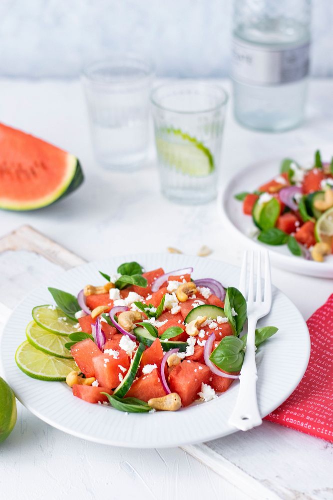 Watermelon salad on white table