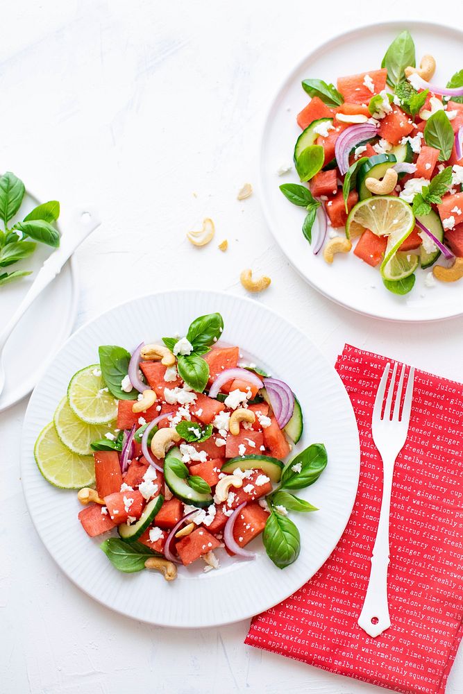 Watermelon salad with cashew nuts and feta