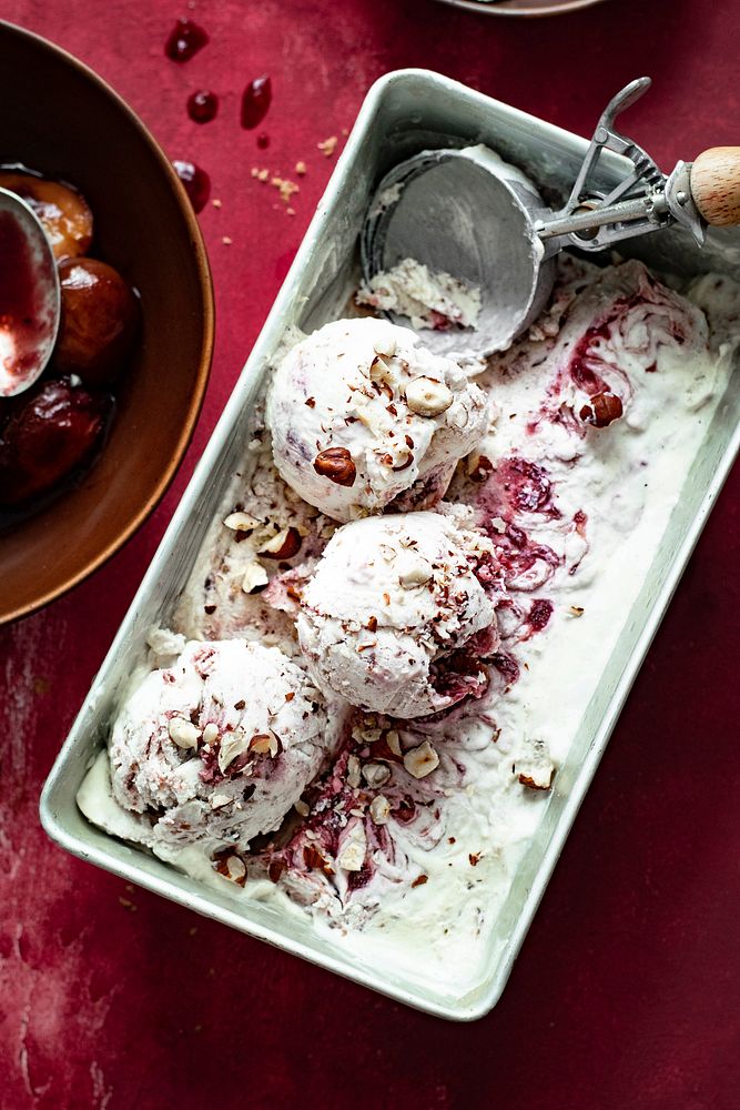 Homemade roasted plum ice cream recipe food photography