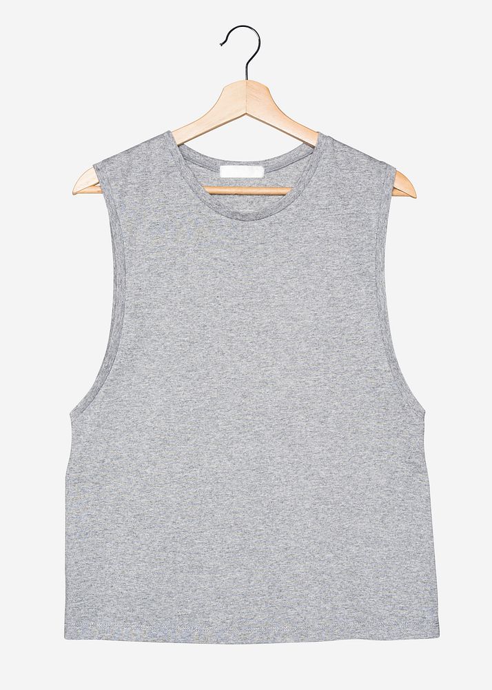 Gray sleeveless shirt mockup psd on a hanger streetwear fashion
