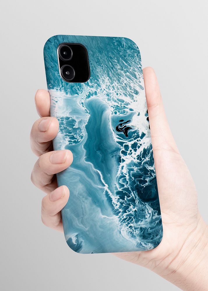 Mobile phone case psd mockup in hand blue wave product showcase