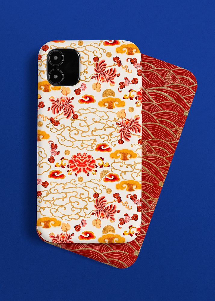 Mobile phone case mockup psd set Chinese pattern back view product showcase