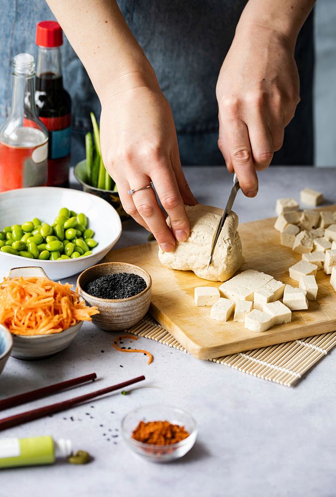 Vegan cubed tofu food photography