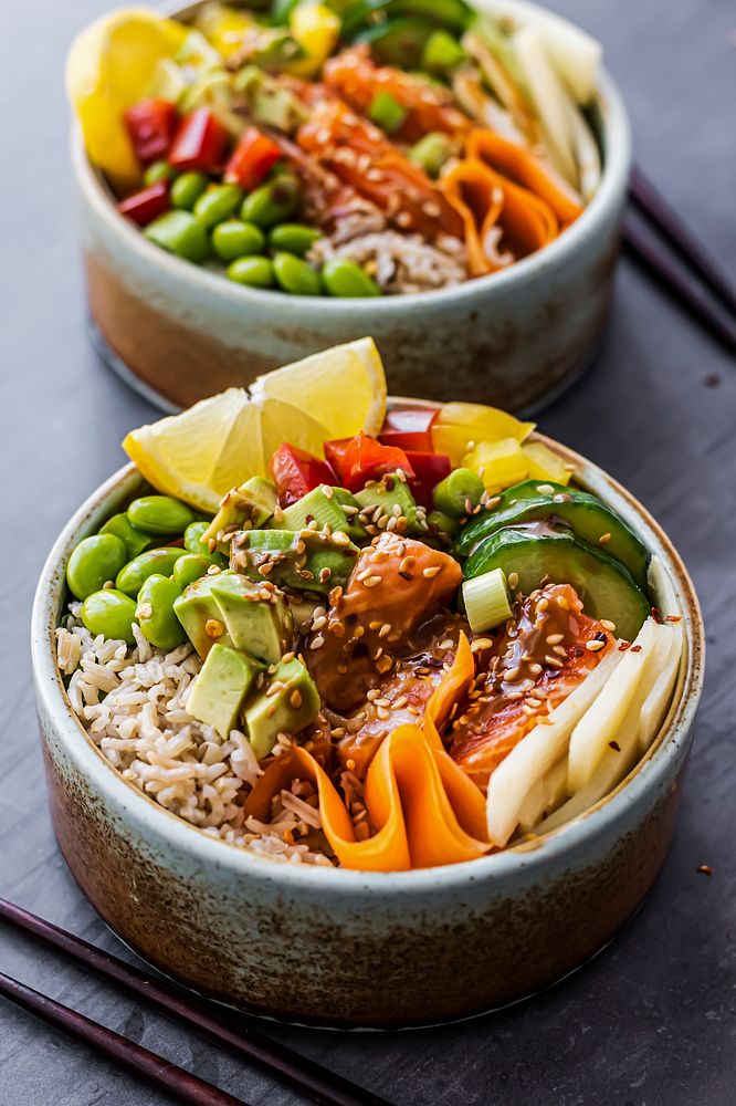 Salmon on rice poke bowl photography 