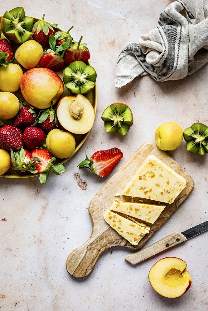 Fruit and apricot cheese flat lay