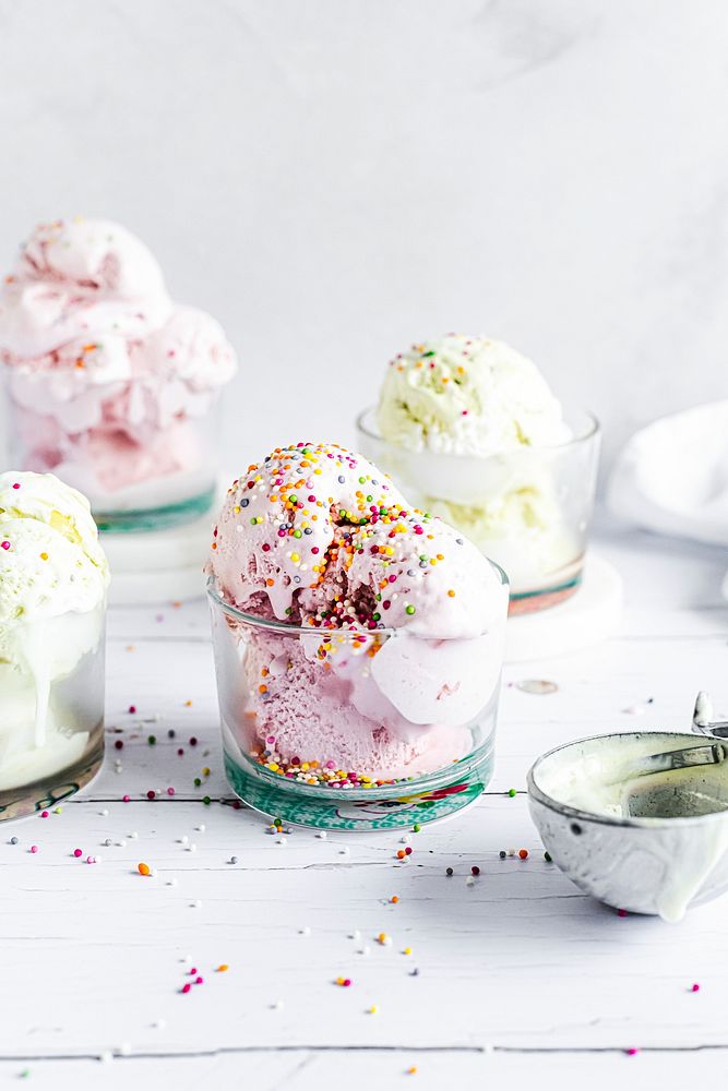 Dessert party with strawberry ice cream topped with funfetti sprinkles