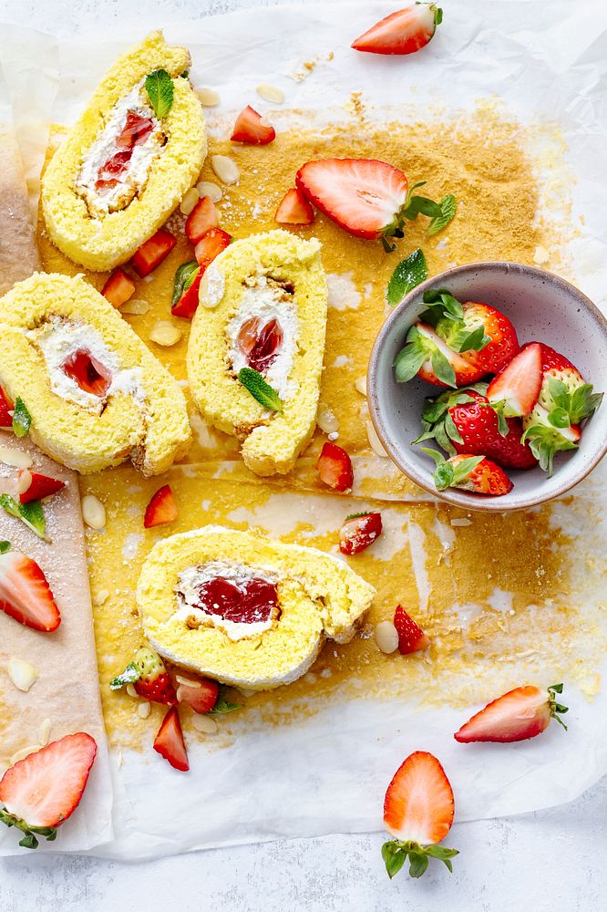 Strawberry Swiss roll flat lay food photography