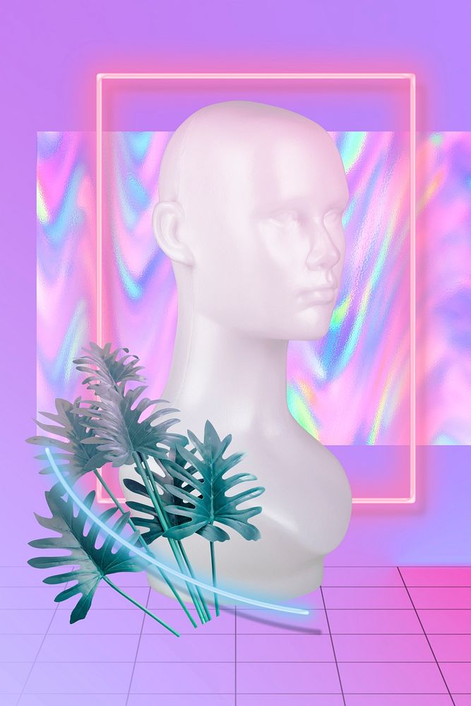 White dummy with Xanadu leaves and a pink neon frame on a purple background