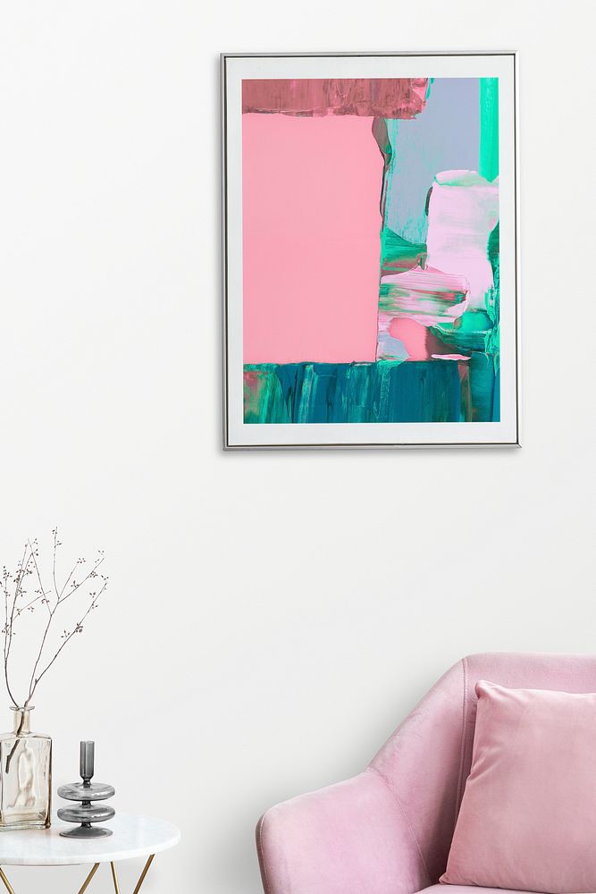 Picture frame psd mockup, colorful abstract painting home decor