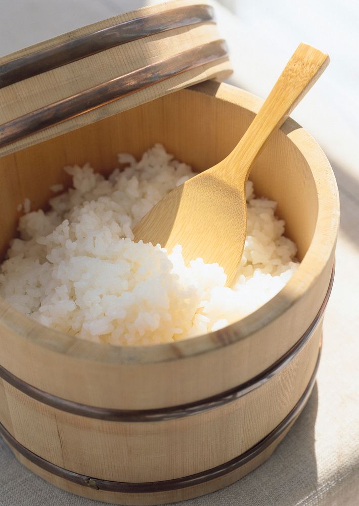 Free sushi rice, bamboo tub photo, public domain food CC0 image.