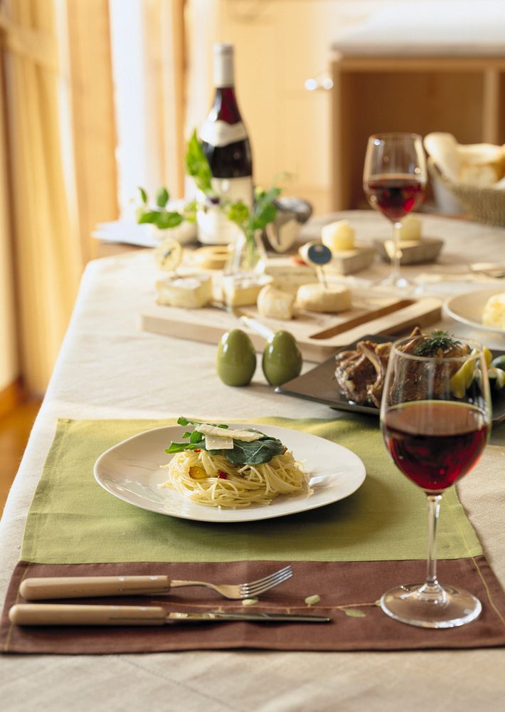 Free pasta and a bottle of wine image, public domain food CC0 photo.