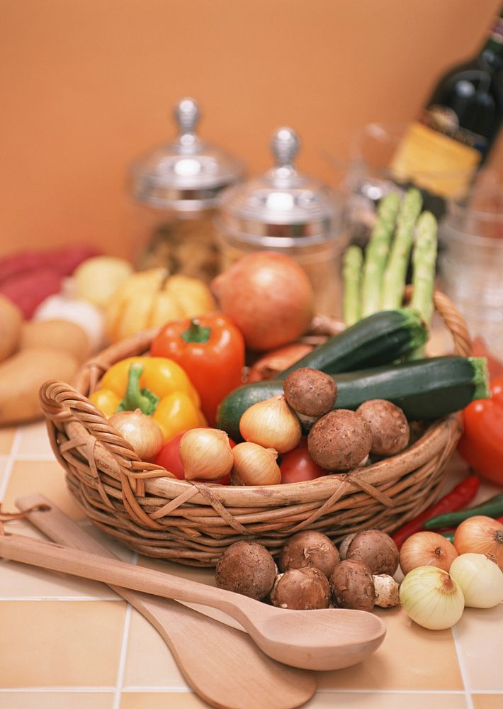 Different Fresh Vegetables In Basket On The Table