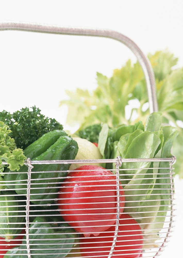 Free photo of a wire shopping basket full of fresh fruit and vegetable, public domain food CC0 image.