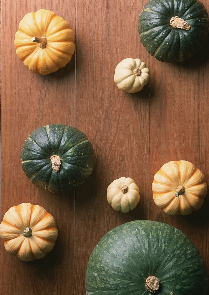 Free image of autumn pumpkins on wooden board, public domain CC0 photo.