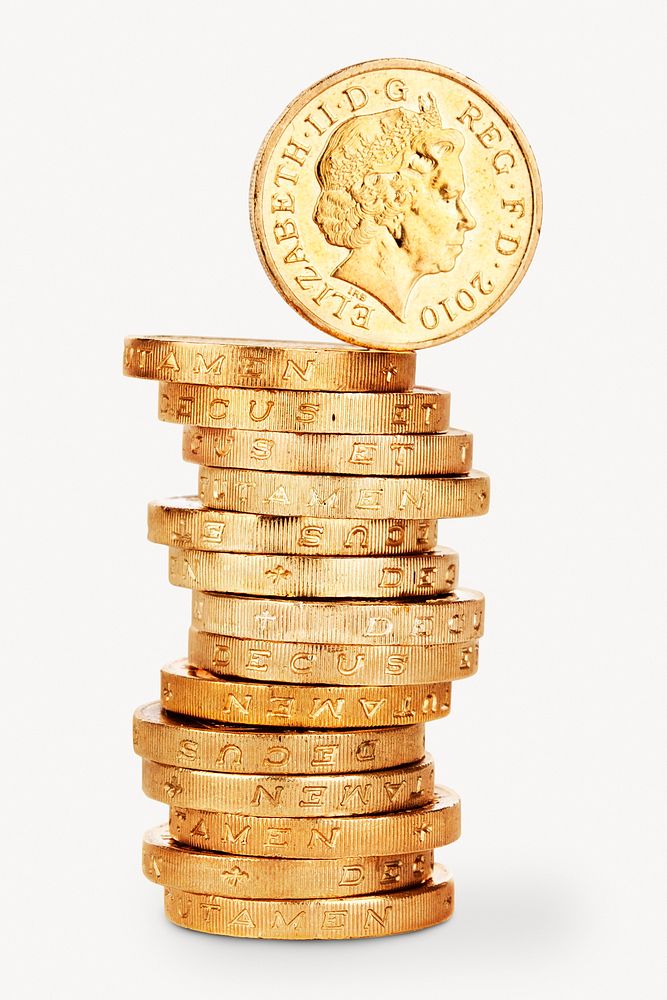 UK one pound sterling, coins stack isolated image on white background. Location unknown, 4 MAY 2017.