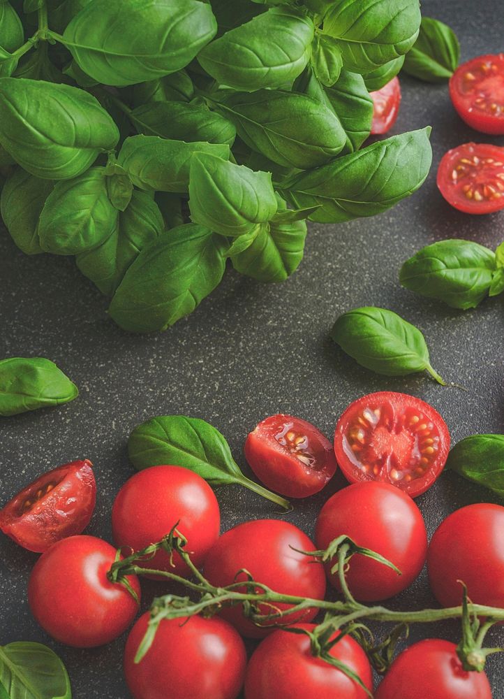 Free cherry tomatoes with basil leaves image, public domain CC0 photo.