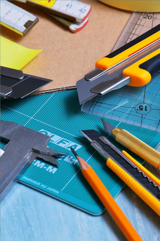 Free craft tools on table photo, public domain CC0 image.