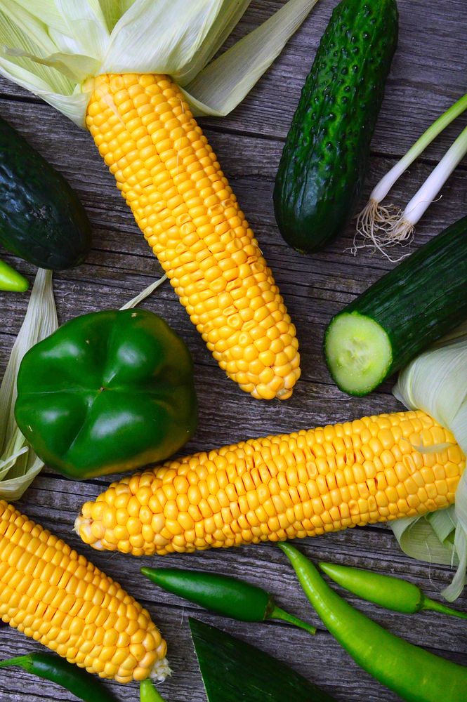 Free corn, cucumbers, vegetables, diet photo, public domain food CC0 image.