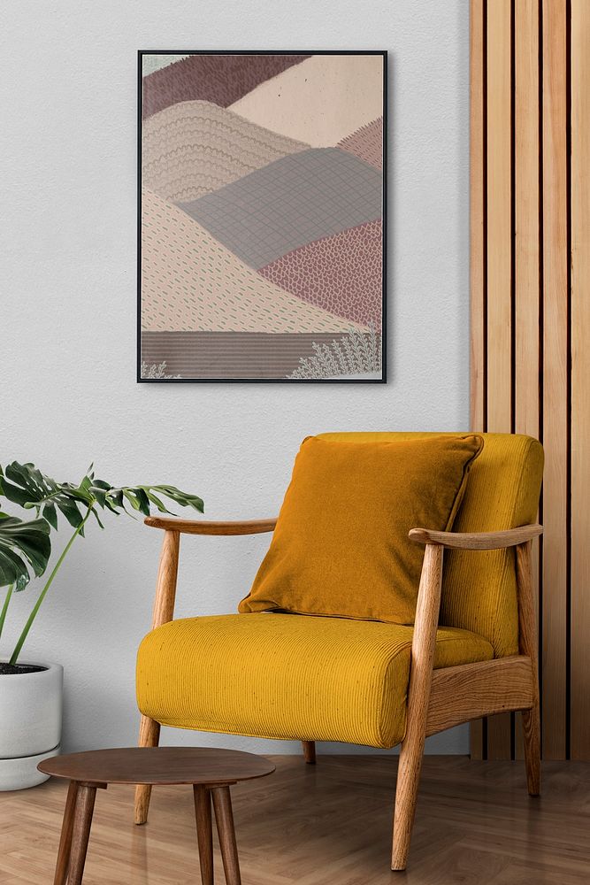 Picture frame mockup psd hanging in a retro living room