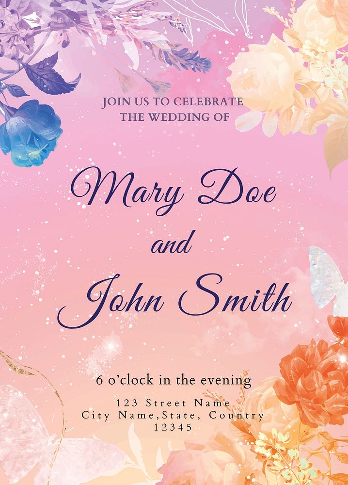 Wedding invitation floral template, aesthetic design psd, remixed from vintage public domain images