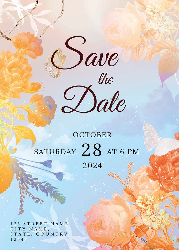 Wedding invitation floral template, aesthetic design vector, remixed from vintage public domain images