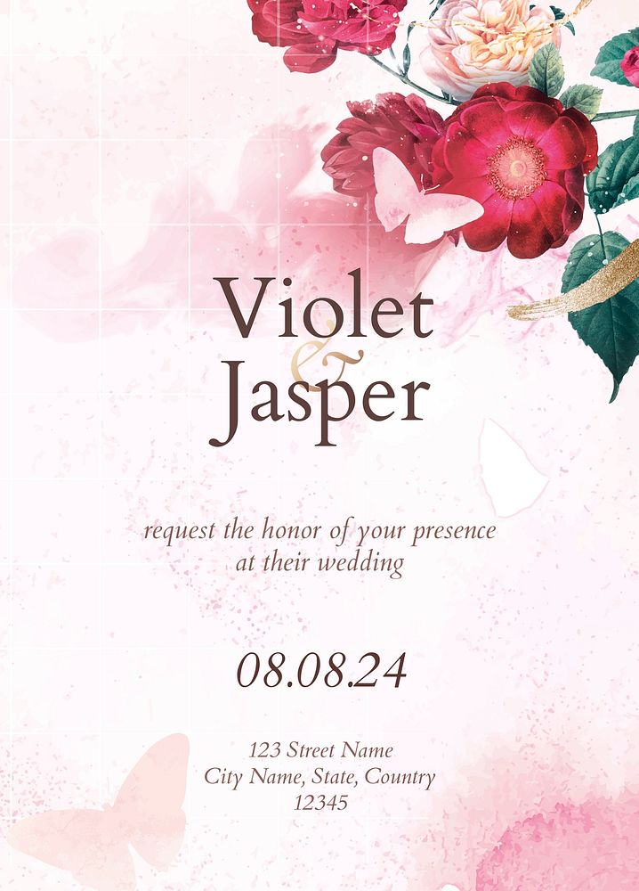 Wedding invitation floral template, aesthetic design psd, remixed from vintage public domain images