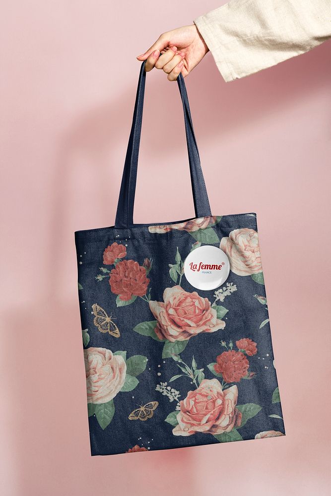 Tote bag mockup, flower design psd